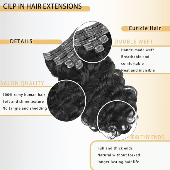 Clip in Hair Extensions Human Hair Wavy 16 Inch Black 8pcs 18 Clips - Picture 6 of 6